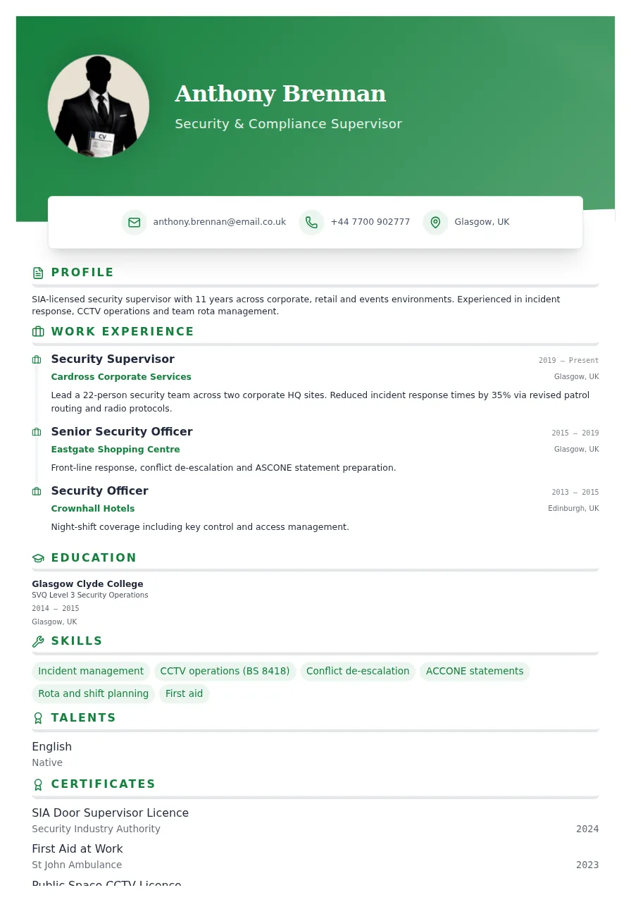 Vanguard CV template preview